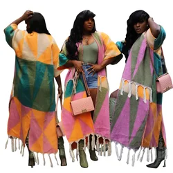Cardigan Women Tassel Print Long Coats Knit Sweater Shorts Sleeve Irregular Vintage Casual Coat V Neck Outwear Streetwear