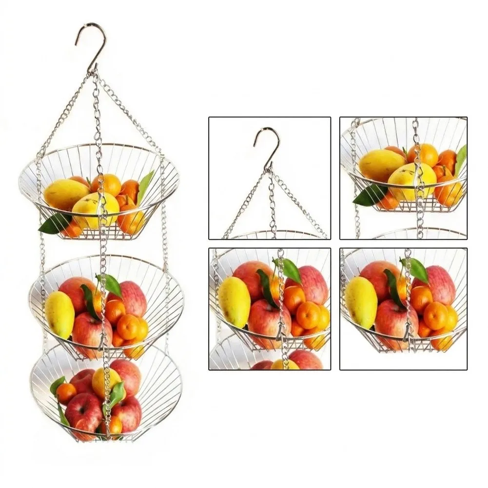 3 Tier Chrome Fruit Basket for Hanging Multi Level Storage Rack Adjustable Height Iron Wire 11 x 11 x 32 Inches view 5