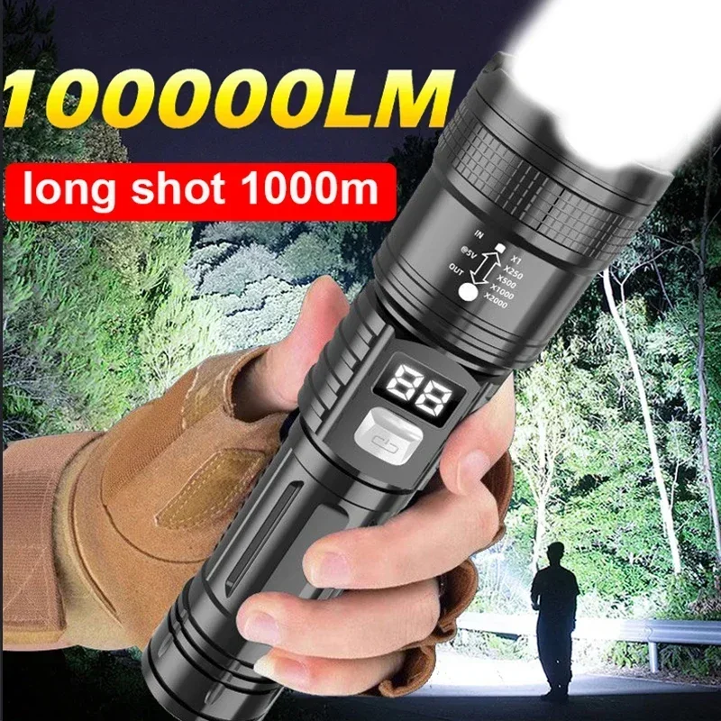 High Strong Power Led Flashlight Tactical Torch Light with Battery USB Charging Camping Hiking Emergency Zoomble Lantern Lamp