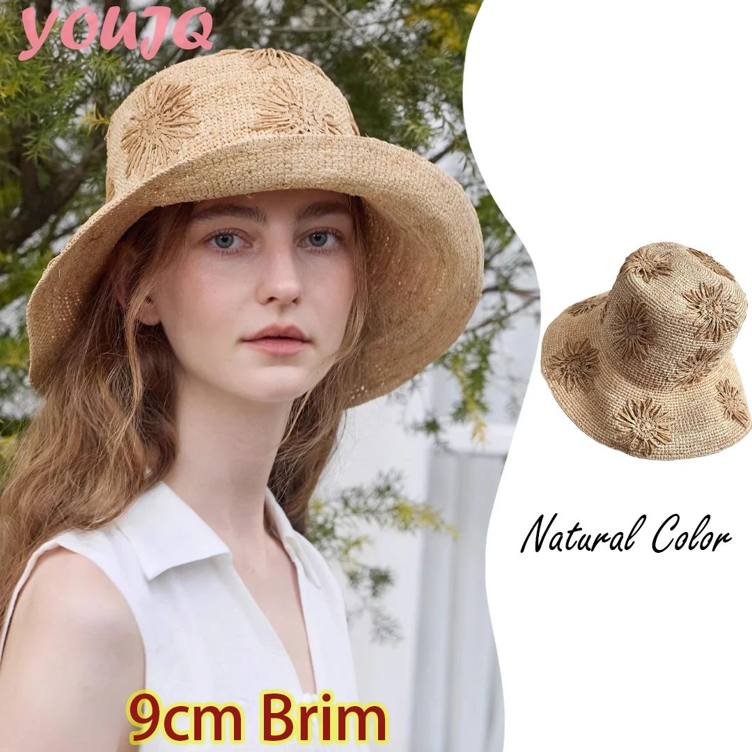 

Hand-Crocheted Womens Raffia Bucket Hat UV Protection Spring/Summe Beach Hats Women Visors Foldable Female Summer Sun Visor Cap