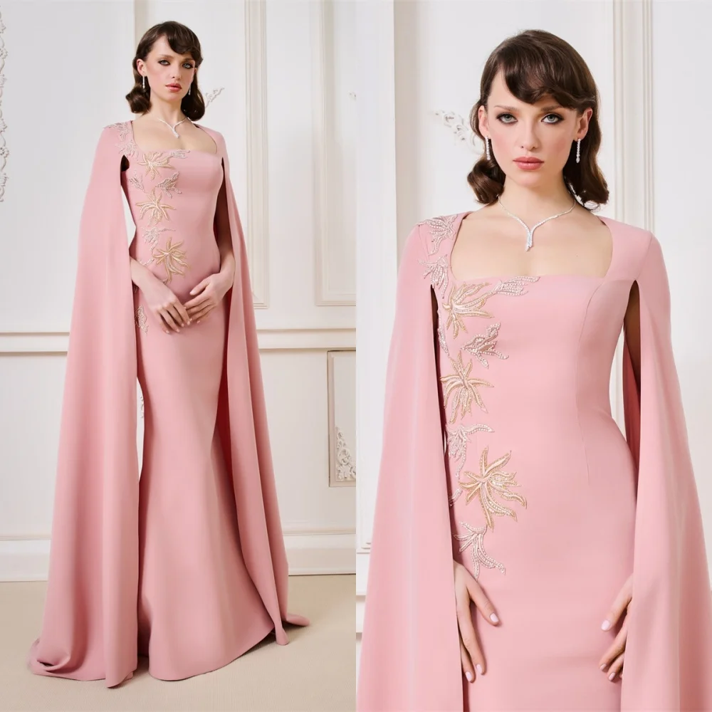 

Customized Exquisite Pink Jersey Evening Dress Formal Square Collar Shawl Zipper Back Beading Mermaid Special Occasion Gowns