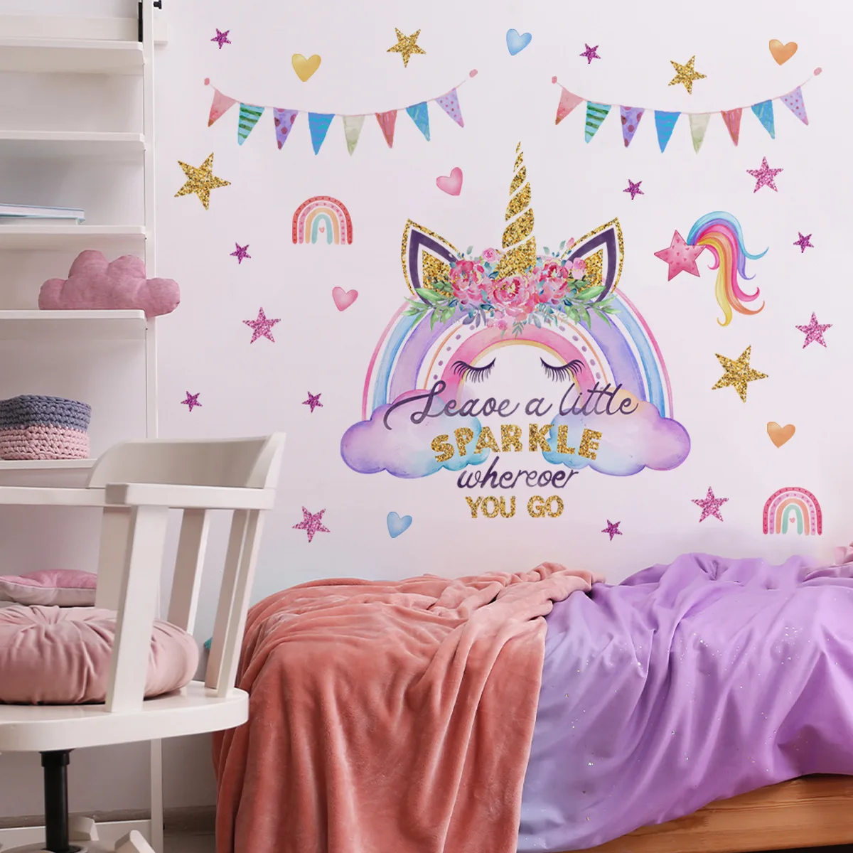 2pcs Cartoon Unicorn Rainbow Stars Wall Sticker Girls Bedroom Children\'s Room Layout Wall Sticker Wallpapers Home Decor Ms2373