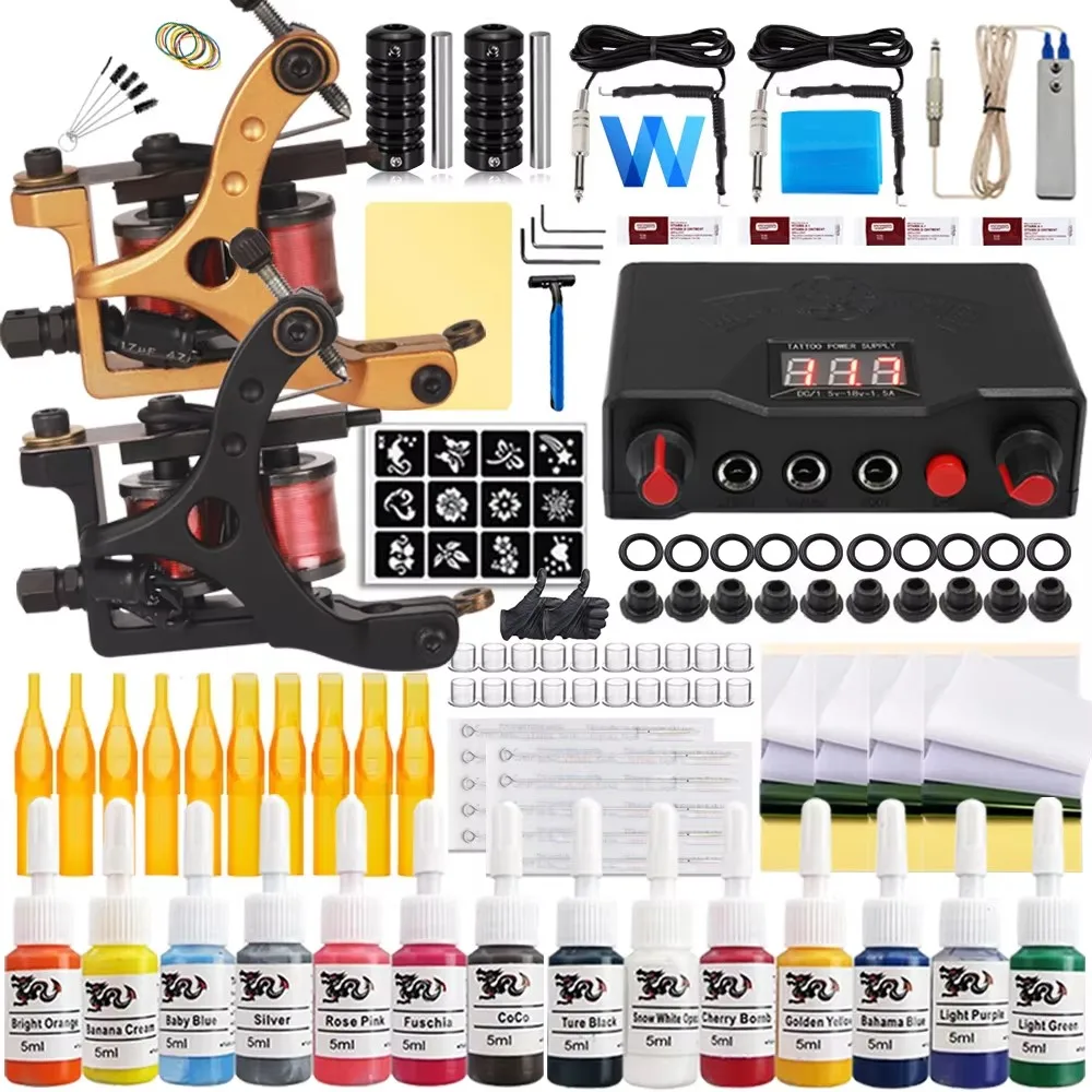 Complete Coils Tattoo Machines Kit with Tattoo Gun Power Supply Needles Grips Set for Tattoo Body Art Tool Permanent Makeup