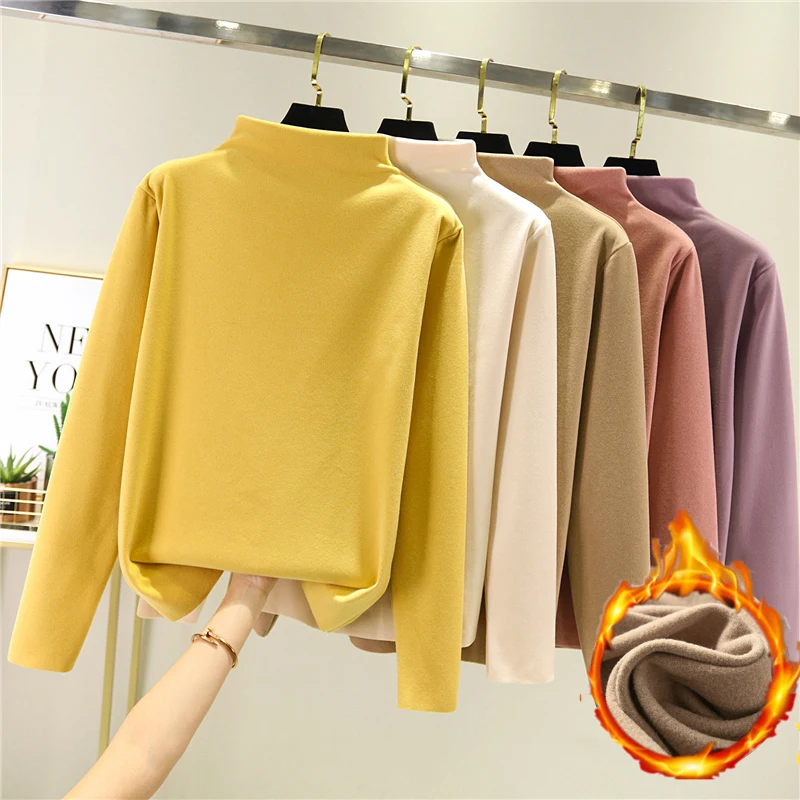 Double-Sided Wear Half-Collar Shirt Female Autumn Winter Brushed Thick Bottom Shirt Warm Inner Velvet Long-Sleeved T shirt Tees