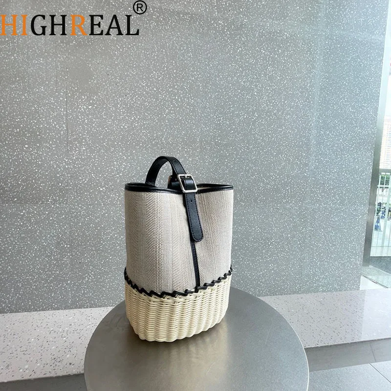 

New Vacation Style Leather Splicing Handmade Designer Bag Summer Beach Handbags Crossbody Large Bucket Womens Bags