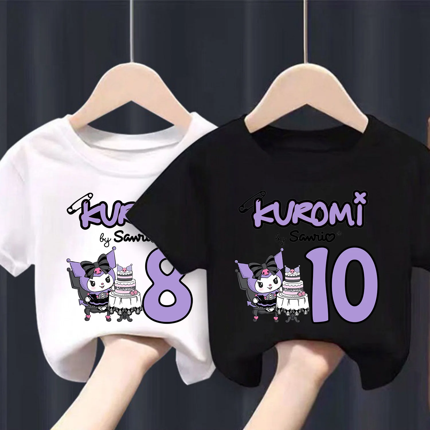 Kuromi New T-shirt for Children Sanrio Cartoon Figure Black White T-shirt Cute Cotton Short Sleeve Boy Girl Loose Clothing Gift