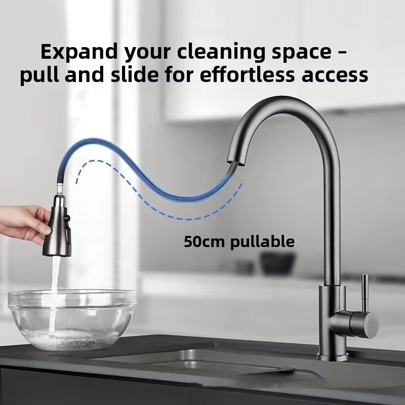 

Stainless Steel Flexible Rotatable Pull-out Kitchen Faucet with Hot/Cold Water Three Outlet Modes Ceramic Valve Core