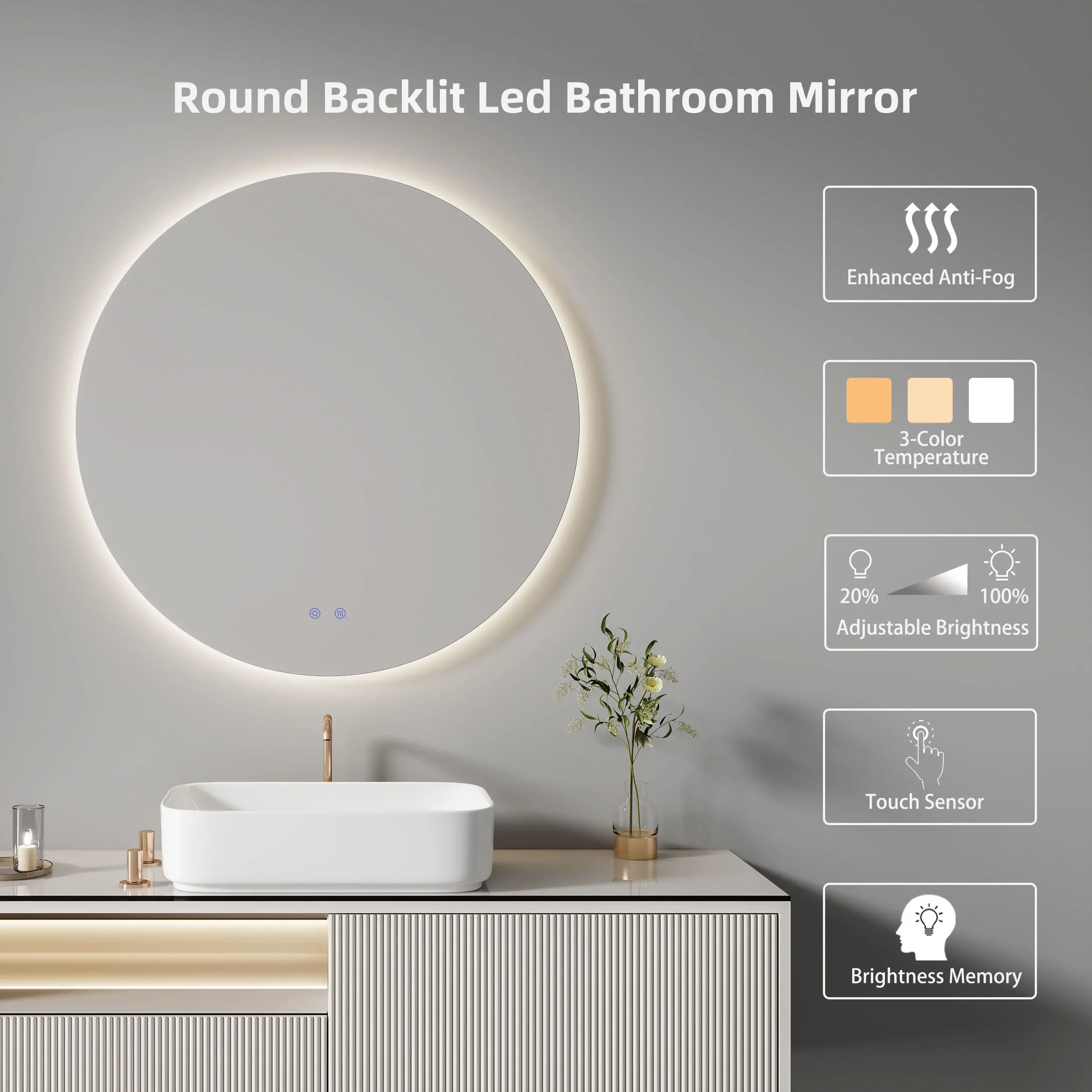 Memory Function Frameless Smart Wall Mounted Lighted Anti Fog 32 Inch Mirror With Lights Backlit Bathroom Round Led Mirror