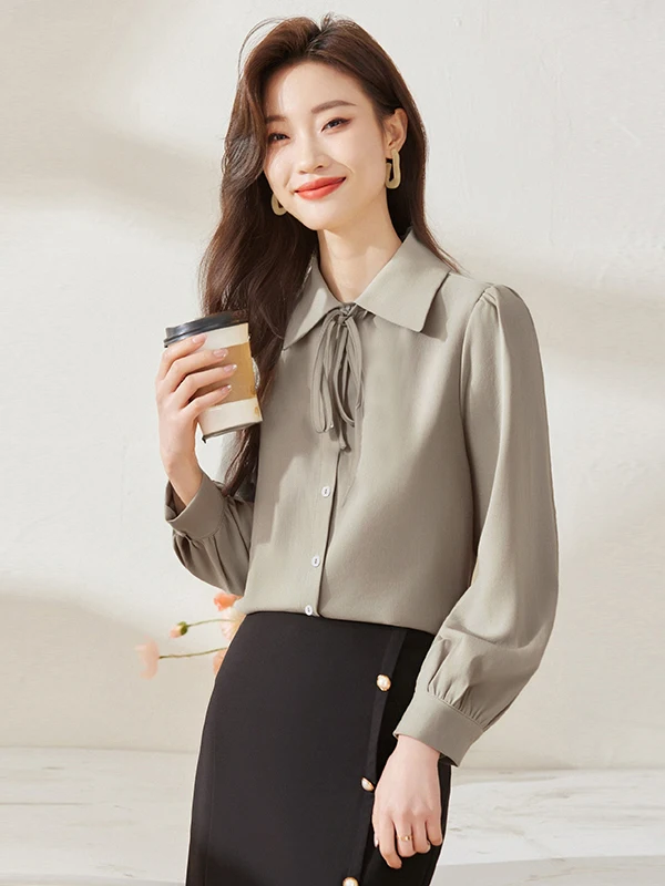 Elegant Pure Color Long Sleeve Shirt Women's Early Autumn New Design Commute Fashion Versatile Straight Cut Polyester Fiber