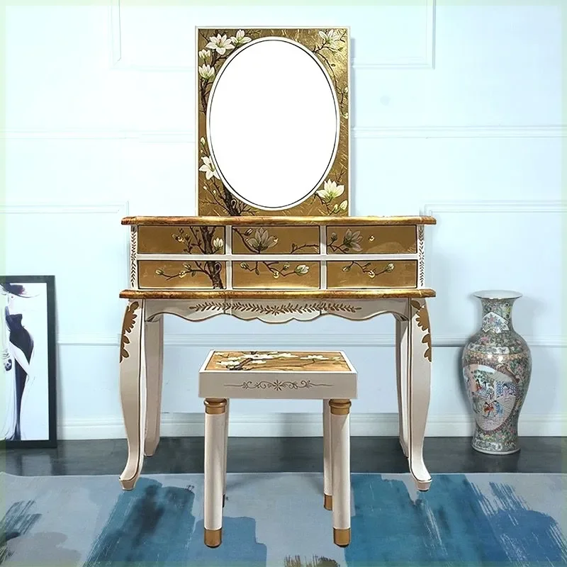 New Chinese Style Gold Foil Dresser Bedroom Solid Wood Painted Retro Korean Vanity Table Light Luxury Storage Cabinet