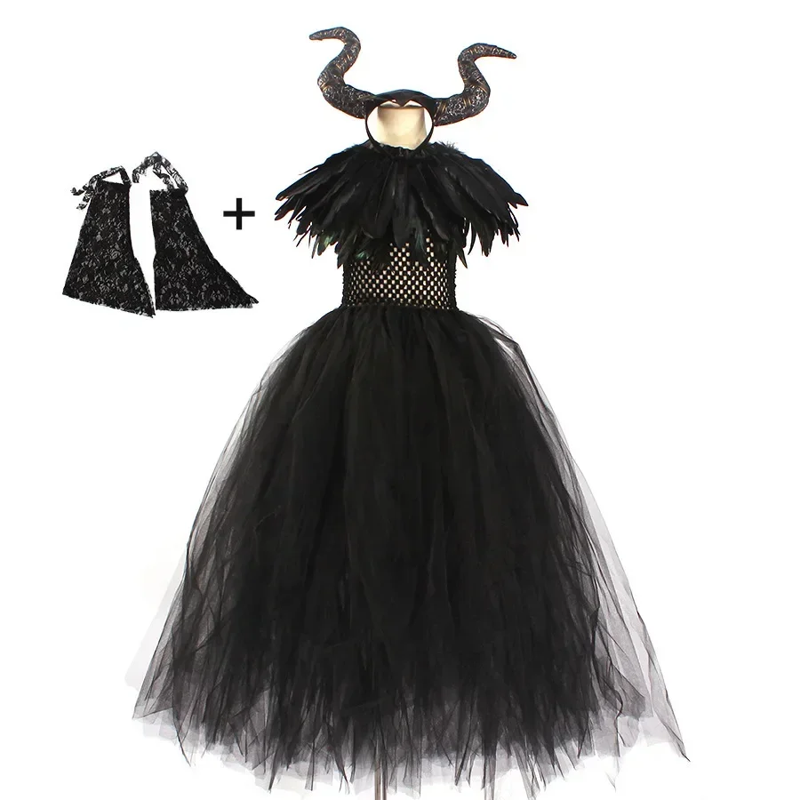 Handgefertigtes Tutu-Prinzessinnenkleid für Mädchen, Cosplay-Kostüm Böse Königin, Schwarzes Netzgewebe, Karnevalsparty, Zauberstab, Dämonische Hexenkleider – Detail 11