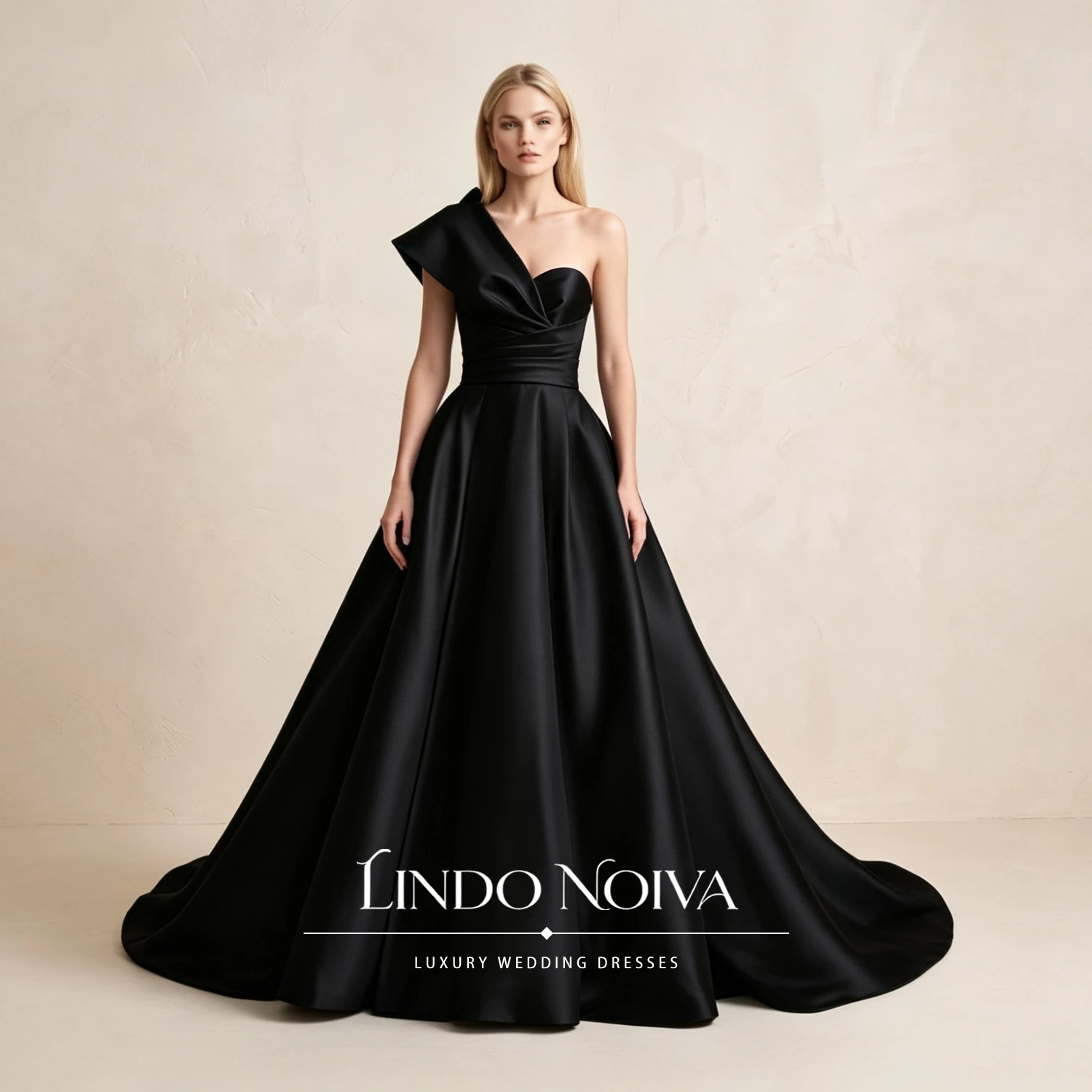 LINDO NOIVA Black Satin A Line Wedding Dress Elegant One Shoulder Long Bridal Gown Court Train Formal Evening Gown Customized