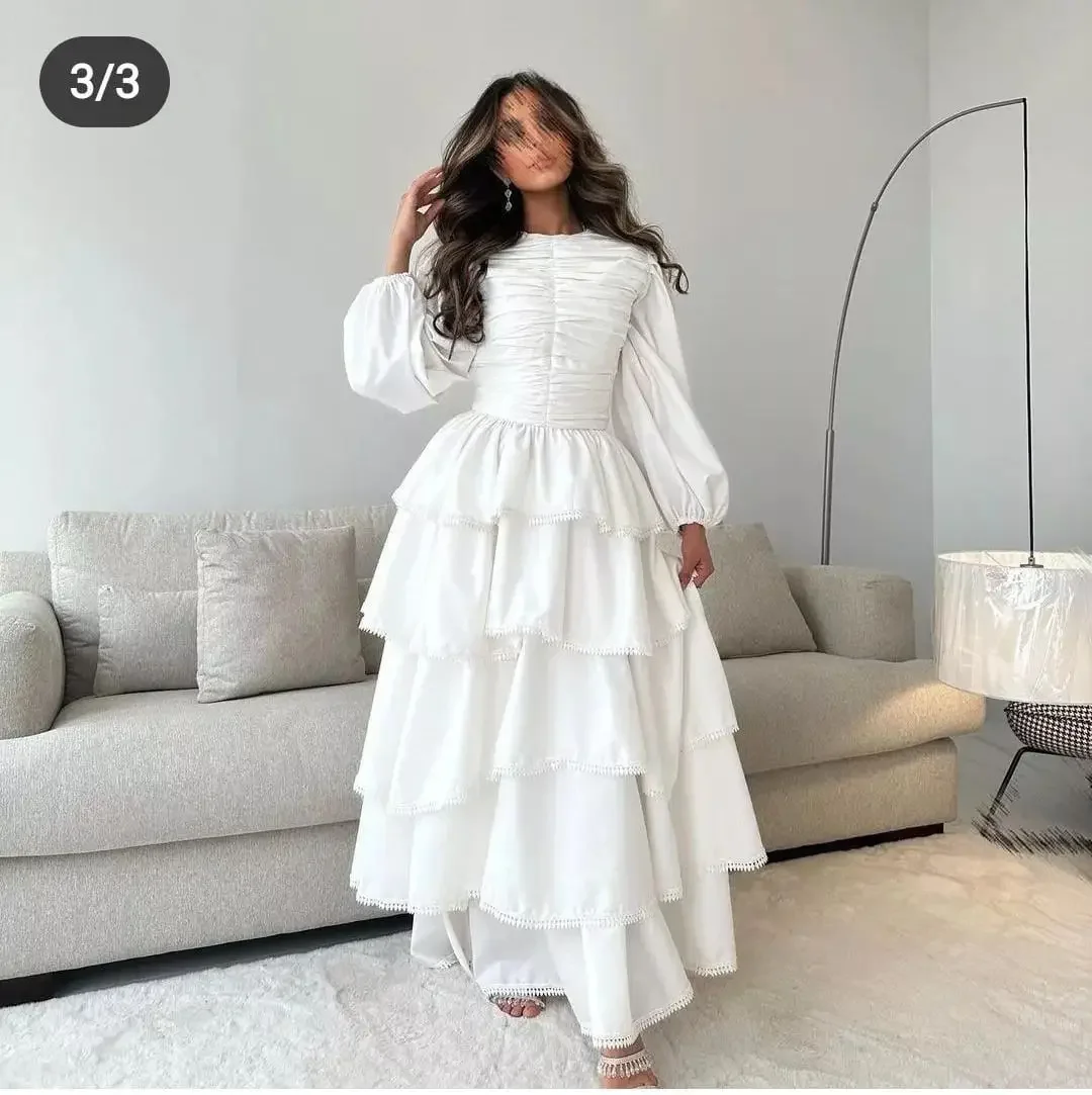 

Arabia Luxury White Tiered Ruffle Evening Dresses Puff Sleeve Ruched Prom Dresses Maxi Gown For Wedding Guest Engagement Party