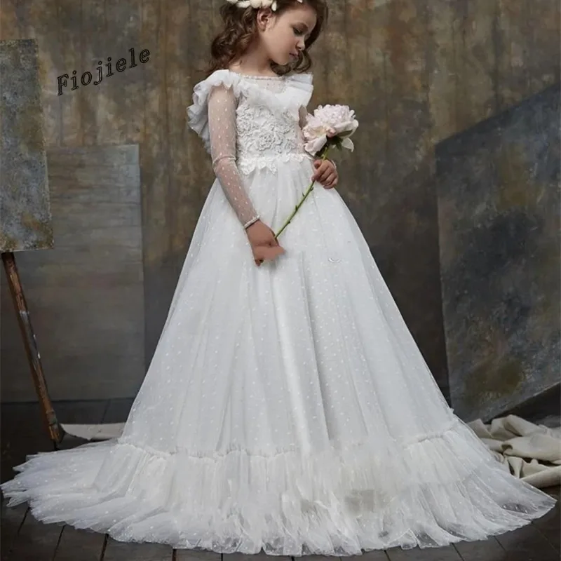 

New White Ivory Puffy Flower Girl Dresses Long Sleeve Big Bow Princess Dress First Communion Dress Custom Made