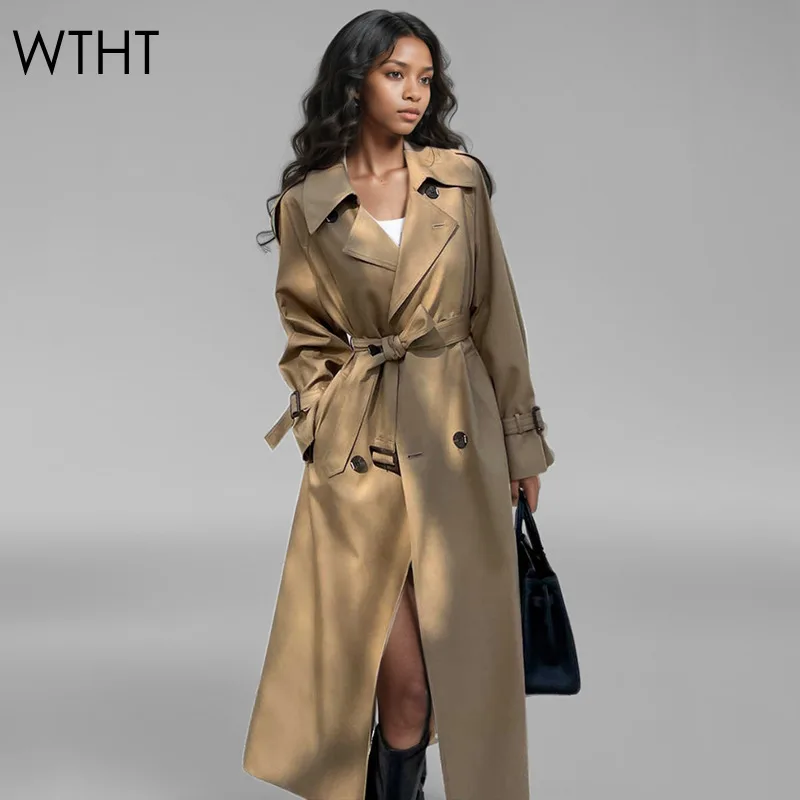 WTHT Fashion Women's Double Breasted Belt Design Trench Coat 2024 Autumn Long Sleeves Lapel Windbreak Female 1LS109