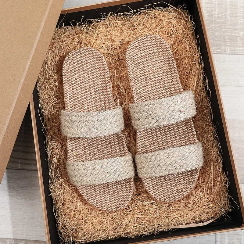 Slippers woven home indoor sandals breathable and non slip cotton and linen grass shoes