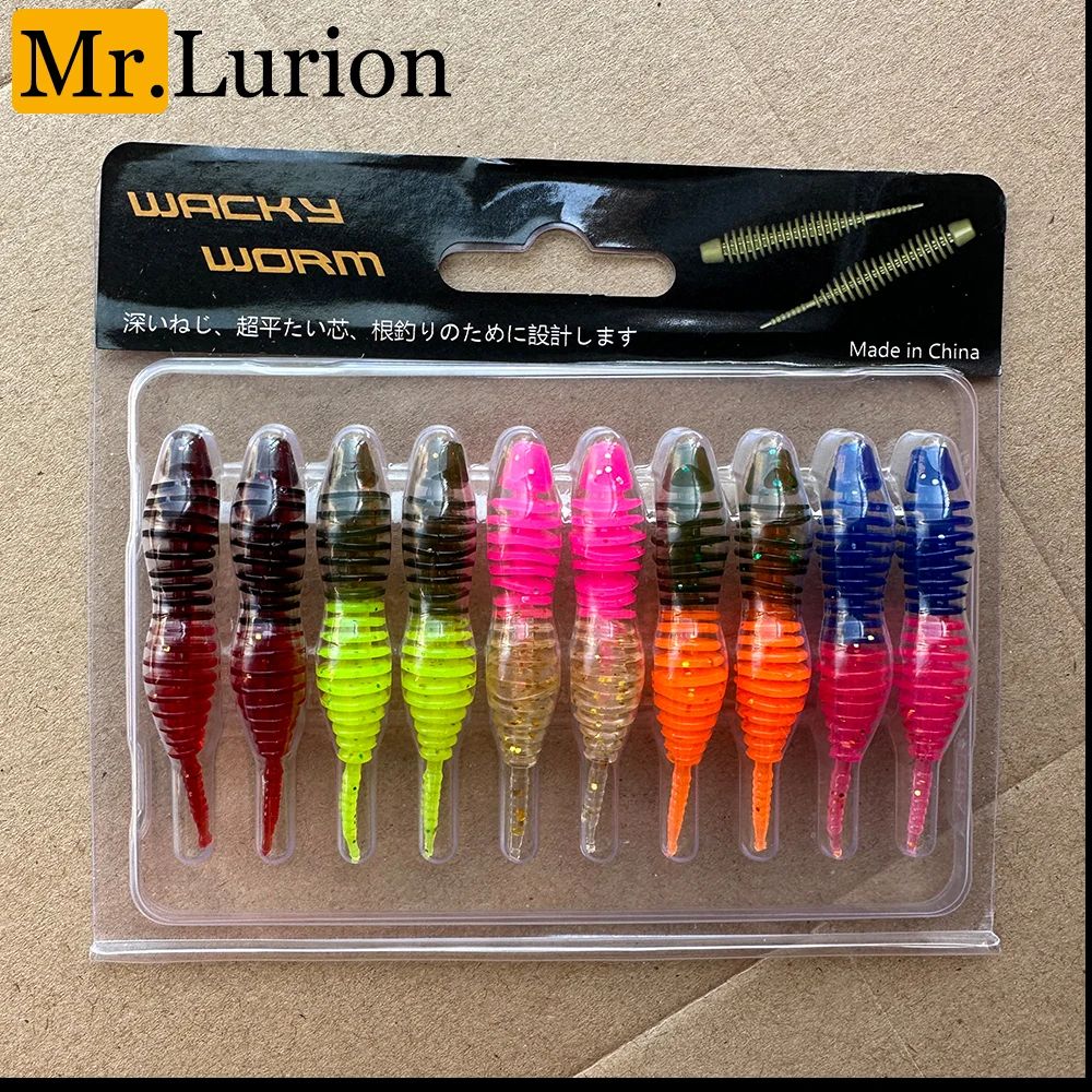 Mr.Lurion 2 Boxen 5cm 1g Wacky Worm Grub Köder für Drop-Shot-Rig Angelzubehör, Schwimmender Weicher Insektenköder mit Nadelschwanz