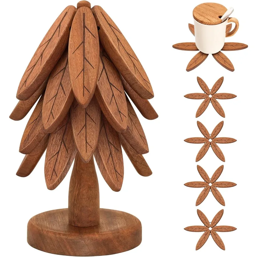 

Wooden Trivets for Hot Dishes Tree Shape Trivet Set 4 Collapsible Trivet with 1 Stand Suitable for Hot Pots Pans Bowls Durable