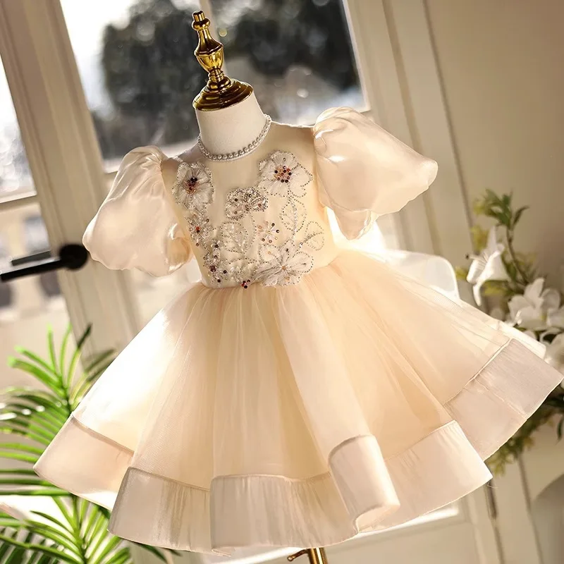 

Детское торжественное платье принцессы, костюм для маленькой девочки с цветочным узором на первый день рождения, вечерний костюм для фортепиано
