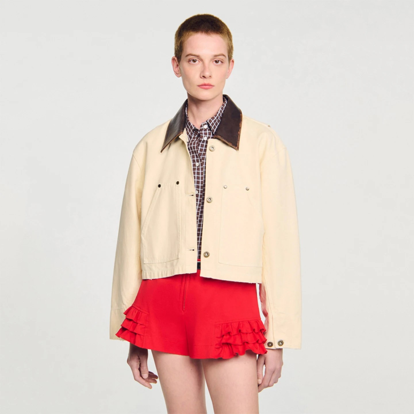 S Home Early Autumn Nieuwe dames retro leren kraag witte denim jas rechte snit lange mouw knoopdetail katoenmix