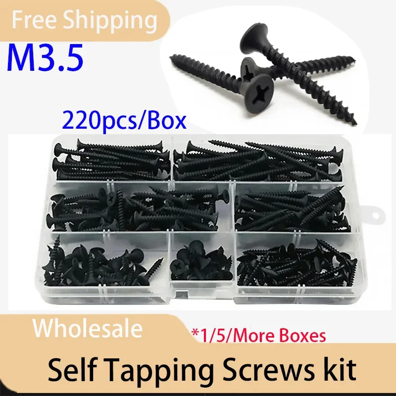 

220pcs/Box Self tapping Screws Cross Countersunk Drywall Nailing Woodworking Gypsum Board Nail Black Carbon Steel M3.5