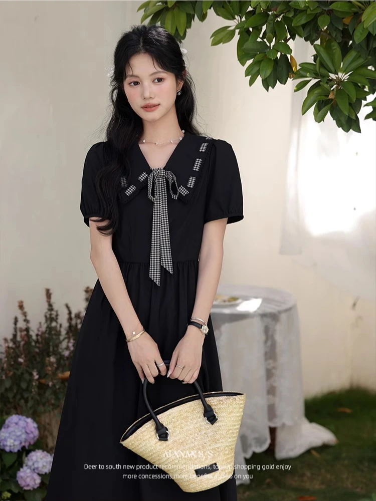 ALXNAN Black Long Dress Vintage Elegant V-neck Casual Holiday Women's Midi Dress 2025 Short Sleeve Clothing Ladies L55706