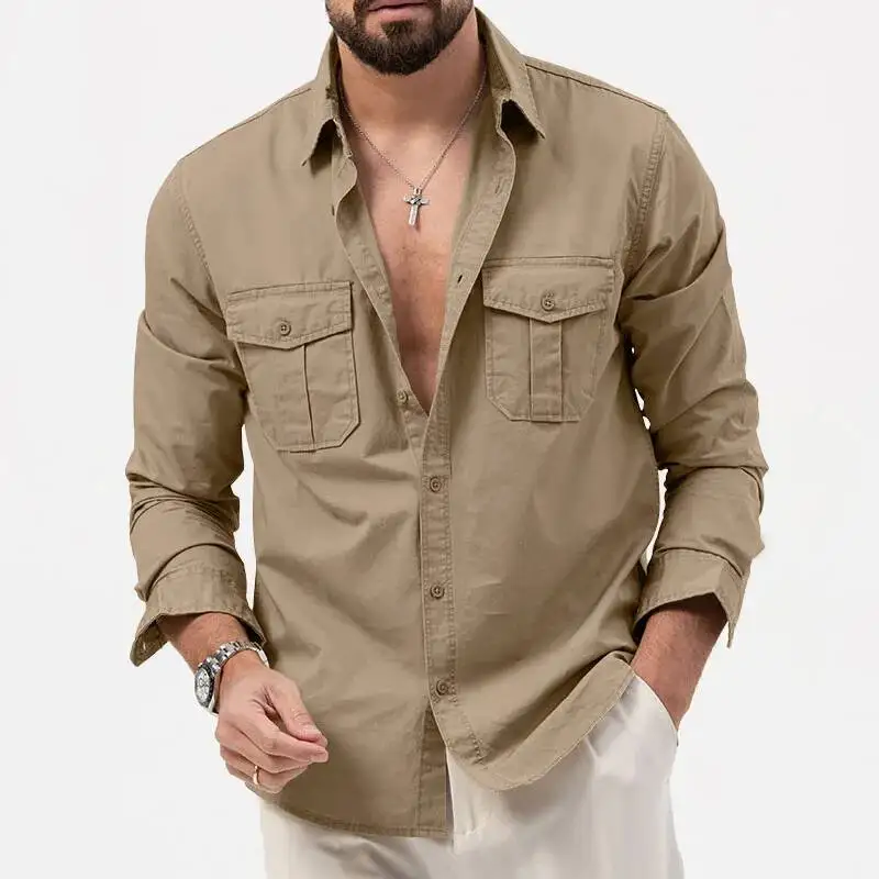 Safari Shirts Mens Outdoor Work Travel Button Down Tops Casual Long Sleeve Hiking Camping Utility Shirt With Flap Pocket