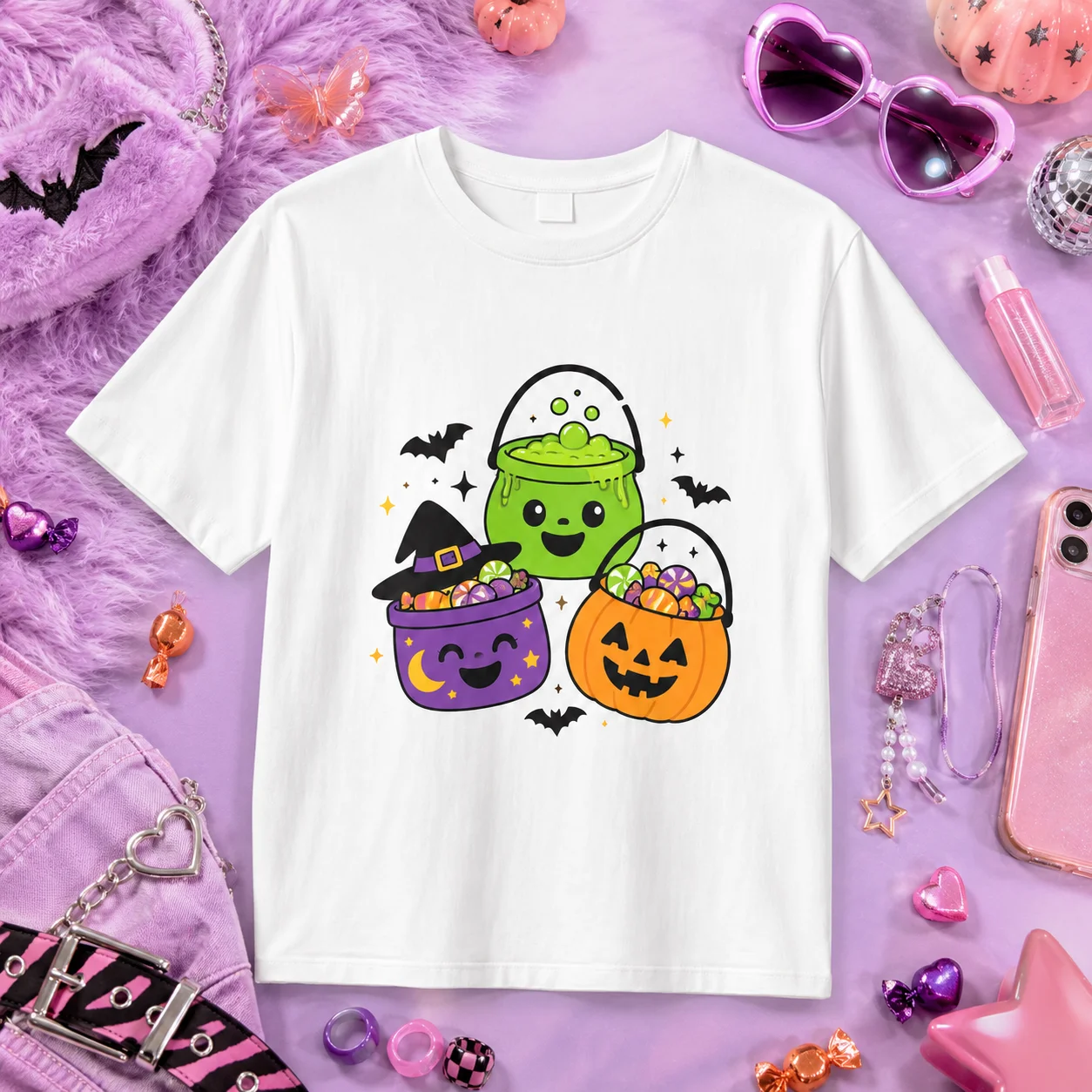 Cute Halloween Candy Bucket T Shirt Women Kawaii Witch Cauldron Pumpkin Trick Or Treat Graphic Tee Fall Casual Short Sleeve Tops