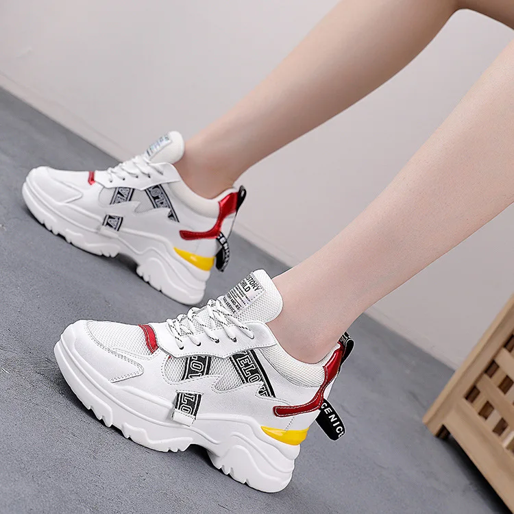 

White Hidden Wedge Chunky Sneakers For Women With Color Block Mesh Upper Lace Up Design Round Toe Non Slip Thick Sole Breathable