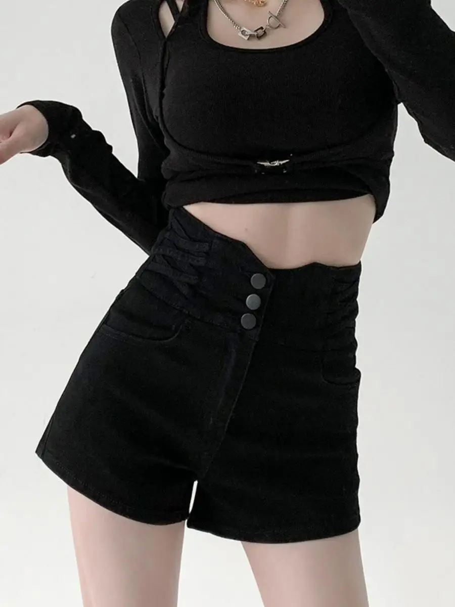 

Женские эластичные дизайнерские шорты трапециевидной формы с пуговицами, тонкие прямые брюки с высокой талией и широкими штанинами, летние джинсы с высокой талией