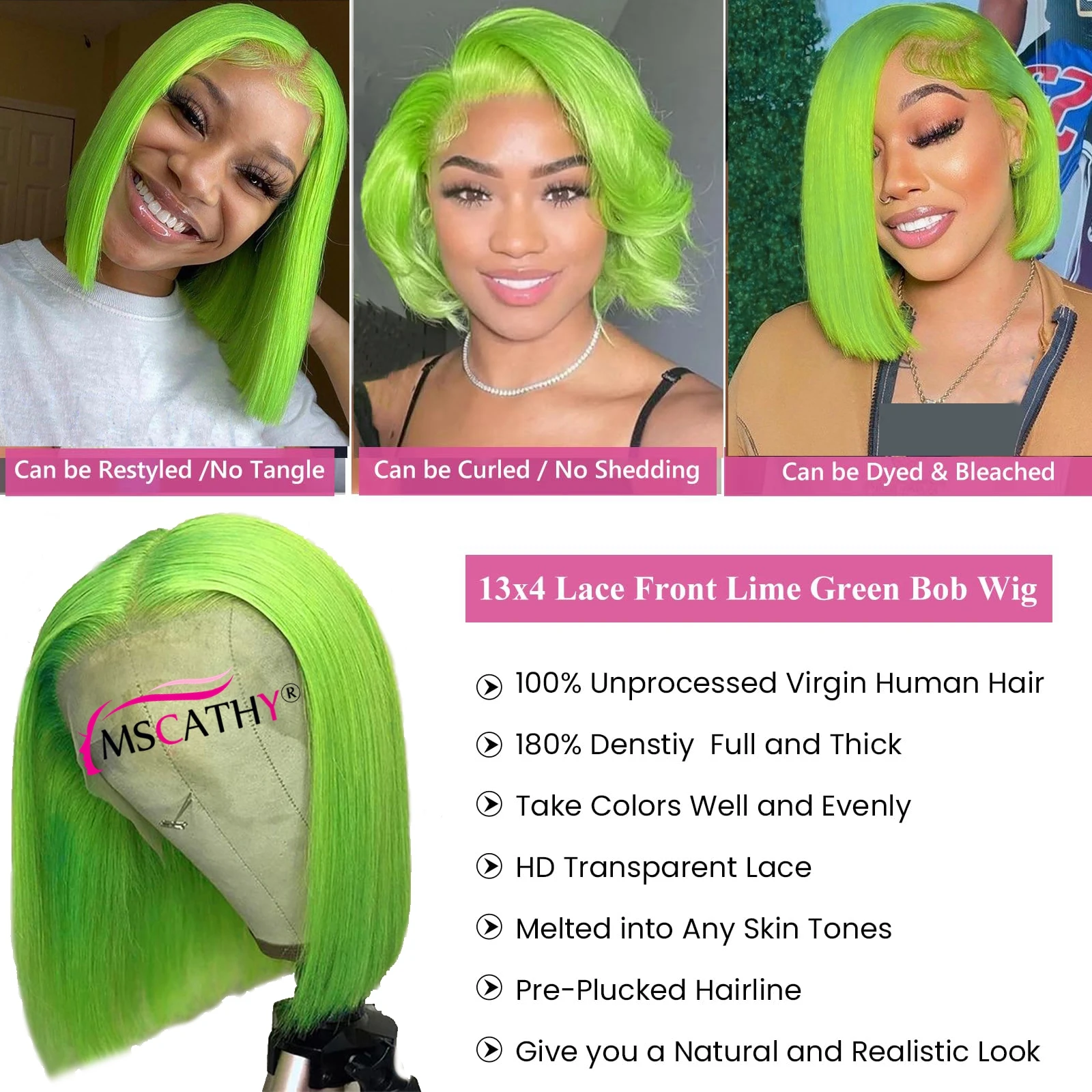 Perruque Bob Lace Front Wig naturelle brésilienne Remy, cheveux courts lisses, couleur vert pomme, 13 age, coupe Pixie 180%, pre-plucked, transparente