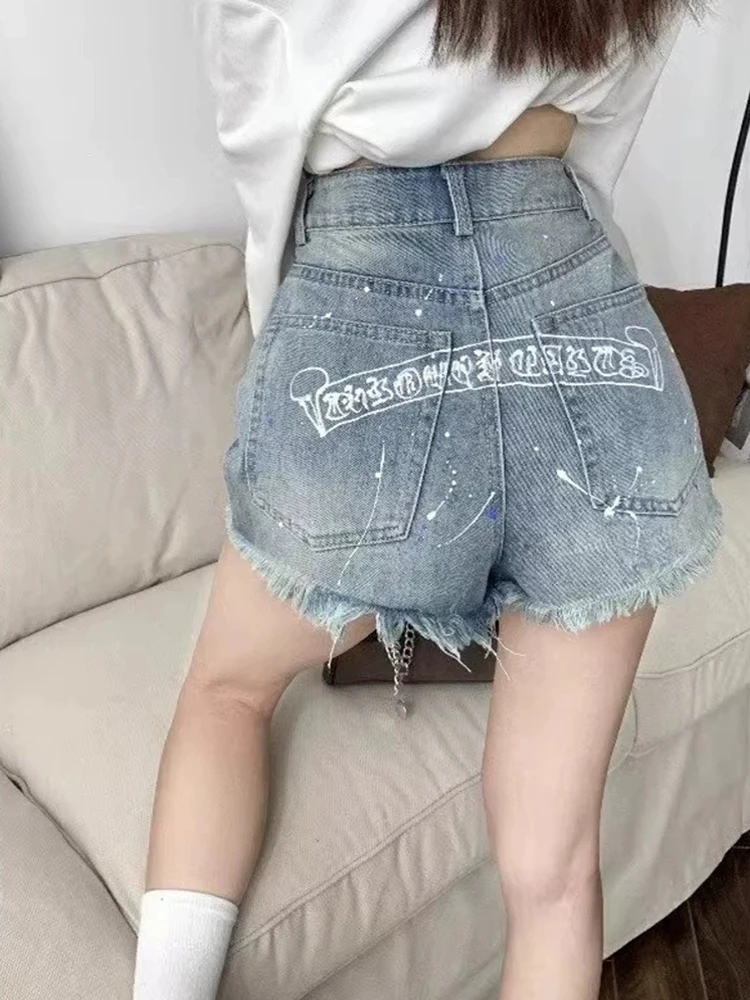 New Casual Loose Slim Denim Women Shorts Fashion Street High Waist Sexy Woman Shorts Blue Tassel Summer Shorts Female Chicly