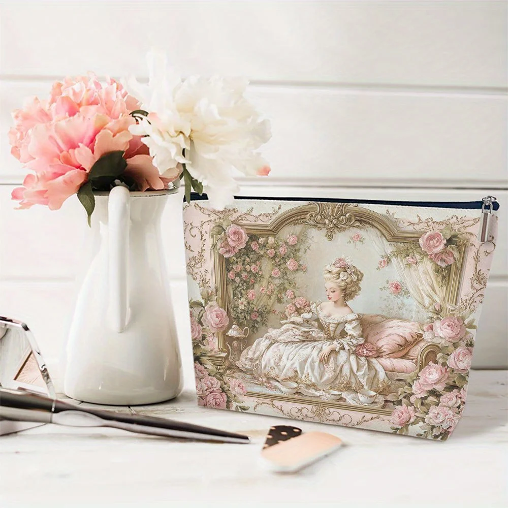 Un sac de maquillage floral rococo – Jolie pochette multifonctionnelle à fermeture éclair pour femme, sac de rangement de bijoux