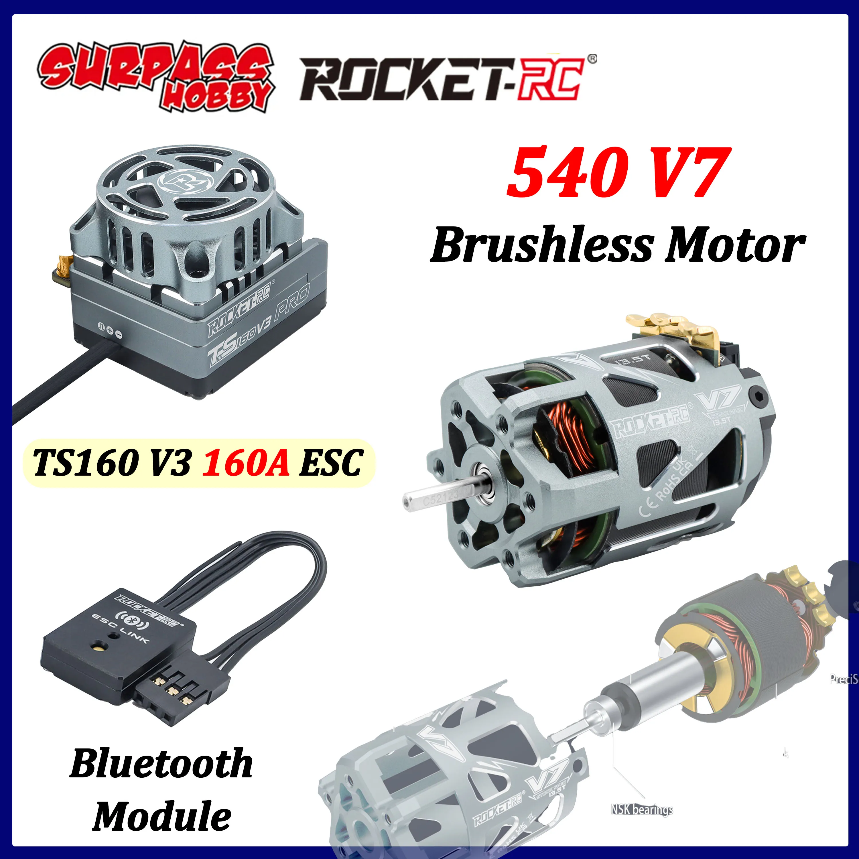 SURPASS HOBBY Rocket-RC 540 V7 Motor Sensored Brushless 160A TS160 V3 ESC Combo Bluetooth Module for 1/10 RC Racing Car Drift