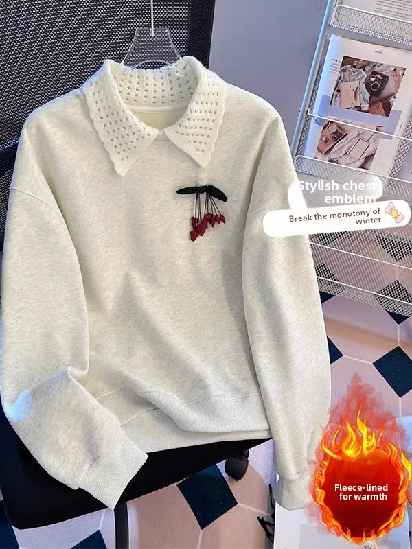 Damska bluza z podszewką, ocieplana, z kołnierzykiem, luźna, w stylu lazy, top na jesień i zimę, designerska, wersja koreańska, długi rękaw.
