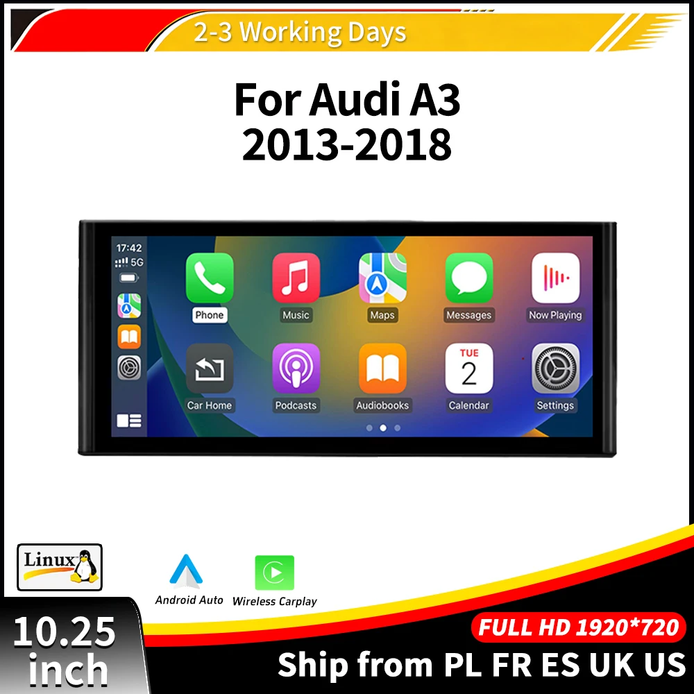 Multimédia de voiture 10.25 pouces pour AUDI A3 2013-2018, sans fil, Carplay, Android Auto, Mirrorlink, Airplay, BT, tablette, Radio, stéréo, écran tactile 1920x720