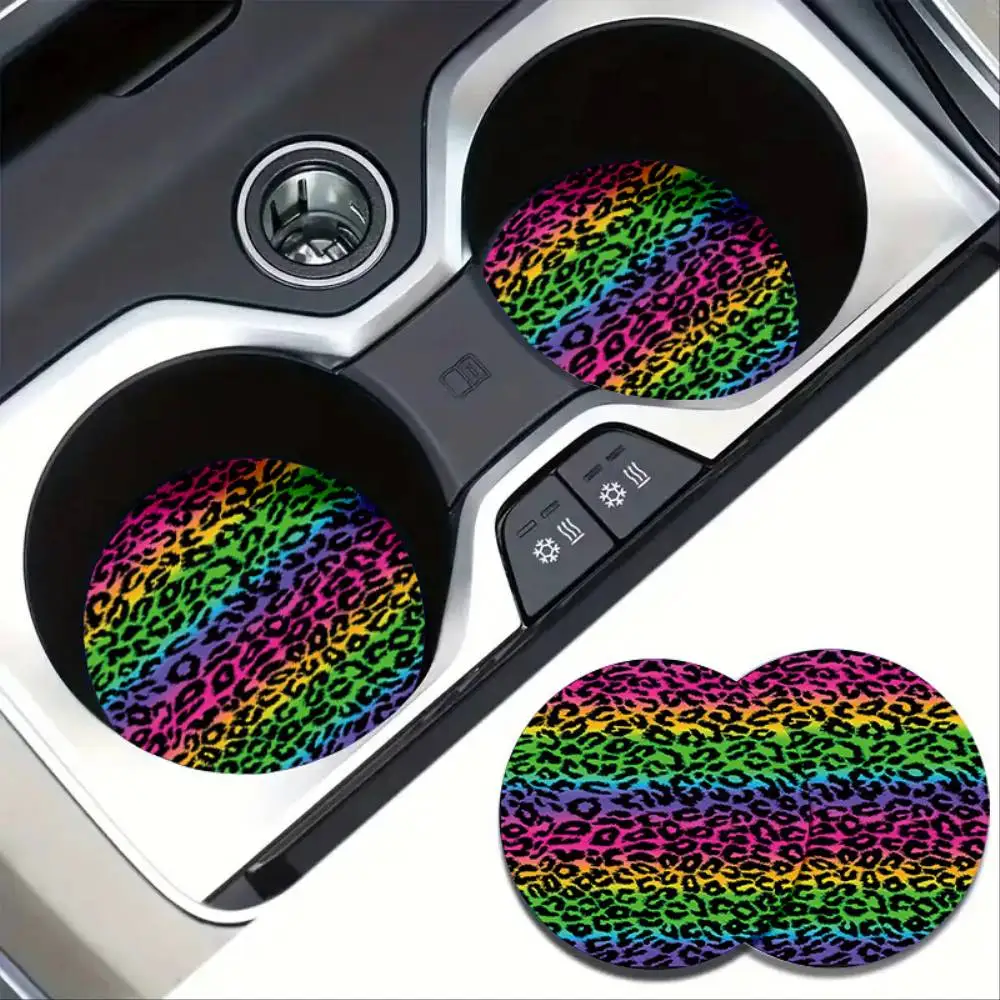 Rainbow Leopard Pattern Car Coasters Auto Cup Holder Decoration Gift For Friends