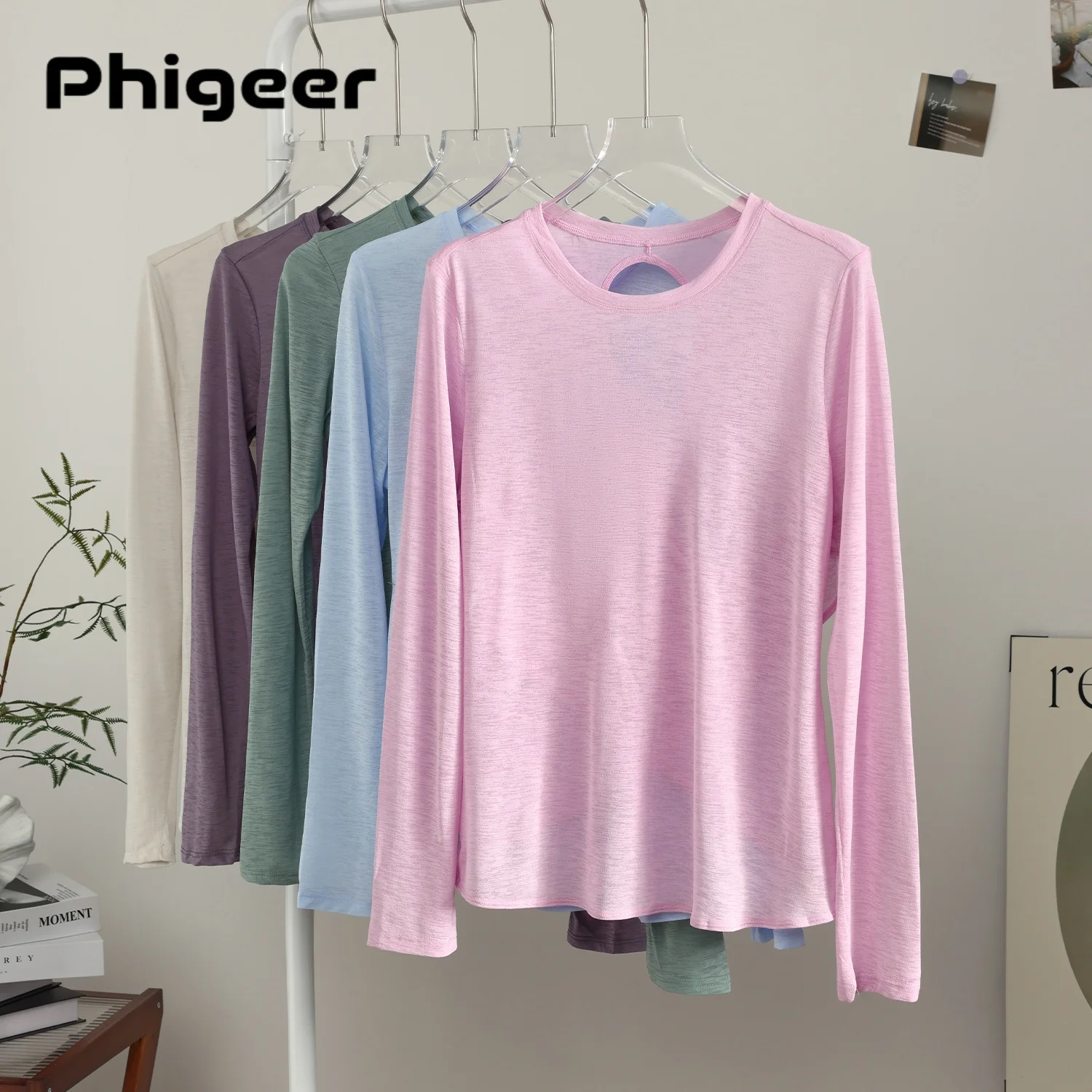 

PHIGEER Open Back Yoga Tops for Women, Lightweight Thin Loose Athletic Crop Tee, Long Sleeve Running Pilates Shirt, Streetwear