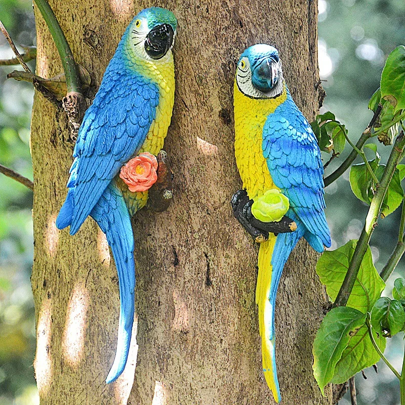 Resin Parrot Statue Wall Mounted DIY Outdoor Garden Tree Decoration Animal Sculpture for Home Office Garden Decor Ornament