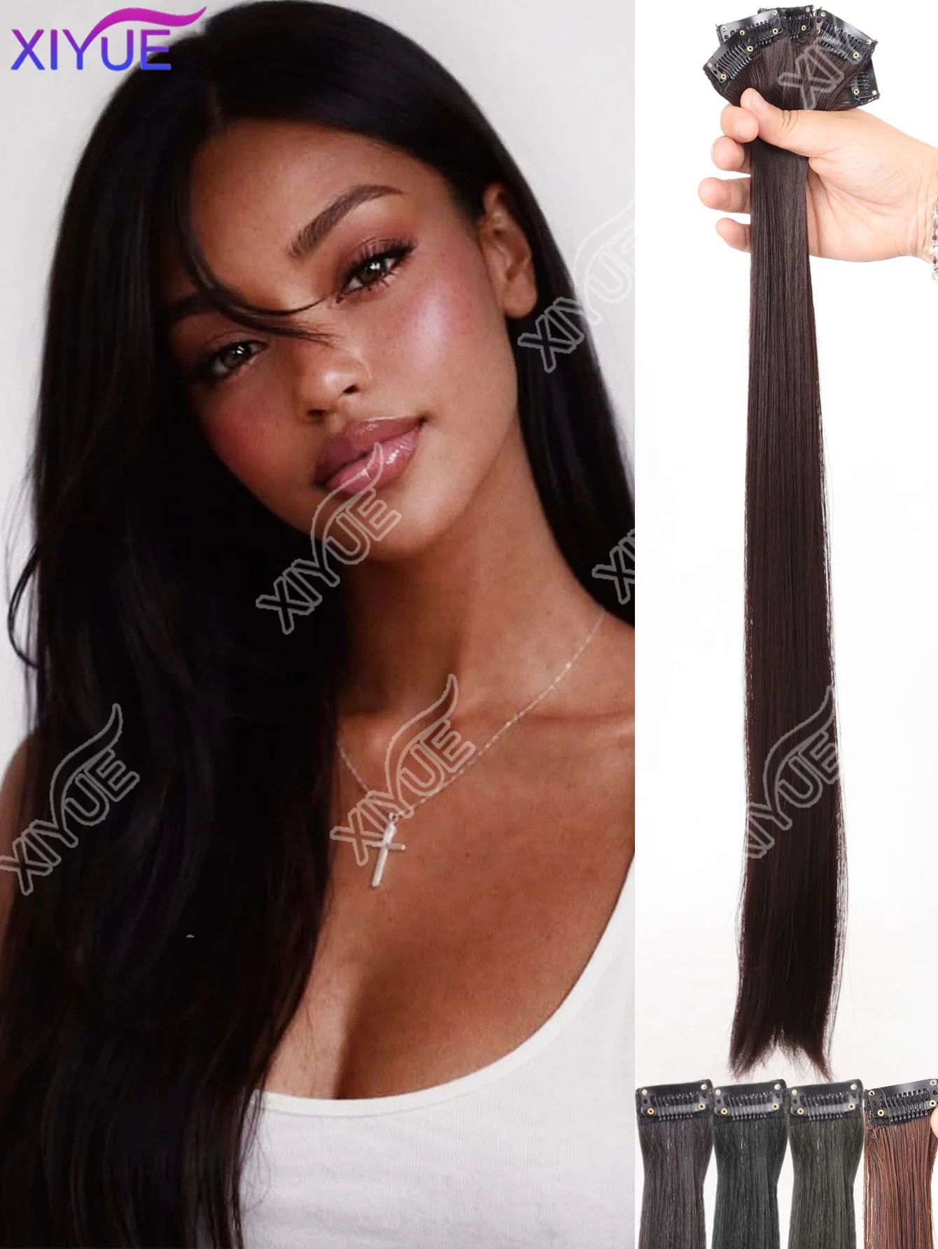 XIYUE 24 inch synthetic hair extension Wig patch invisible seamless for women 5-piece set,straight to increase hair volume