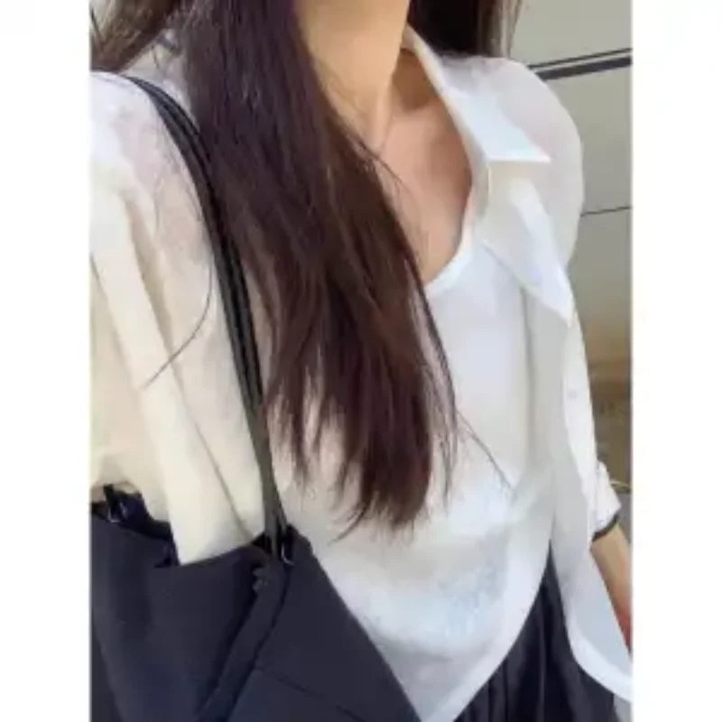

Женская белая тонкая солнцезащитная рубашка с длинным рукавом, свободная повседневная блузка в непринужденном стиле, летняя универсальная верхняя одежда