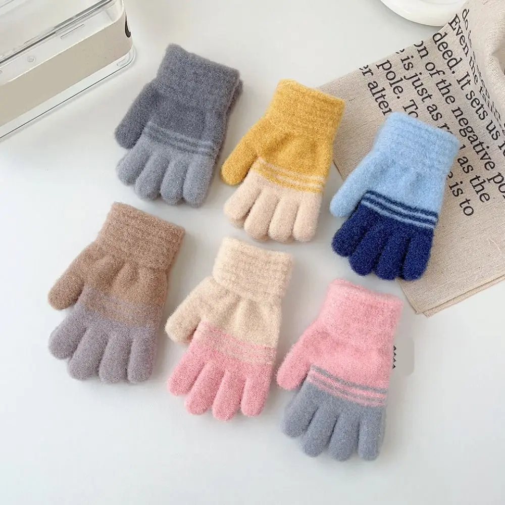 New Contrast Stripes Kids Gloves Thickening Windproof Knitted Thermal Gloves Winter Warm Outdoor Sports Full Finger Mittens