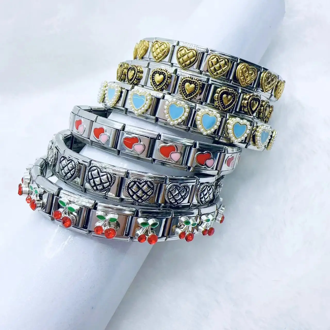 Pre-Style Cherry Love Heart Italian Charm Stainless steel 9mm Module Retro Bracelets For Women Men Trendy Vintage Bangle Gifts