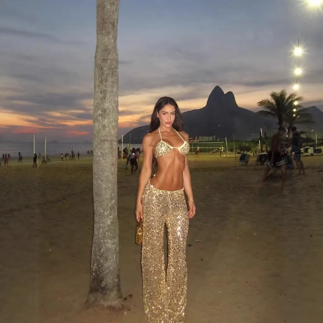 

Sexy Women's Pant Set Gathered Deep-V Neck Backless Bikini Female Sequined Wide-Leg Long Pants Chic Fashion Beach Women's Suit
