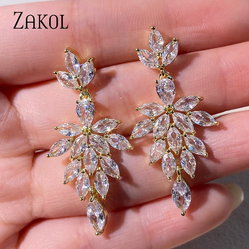 ZAKOL Korea Marquise Zircon Leaf Dangle Earrings for Women Fashion Bridal Wedding Party Jewelry Drop Shipping EP2168