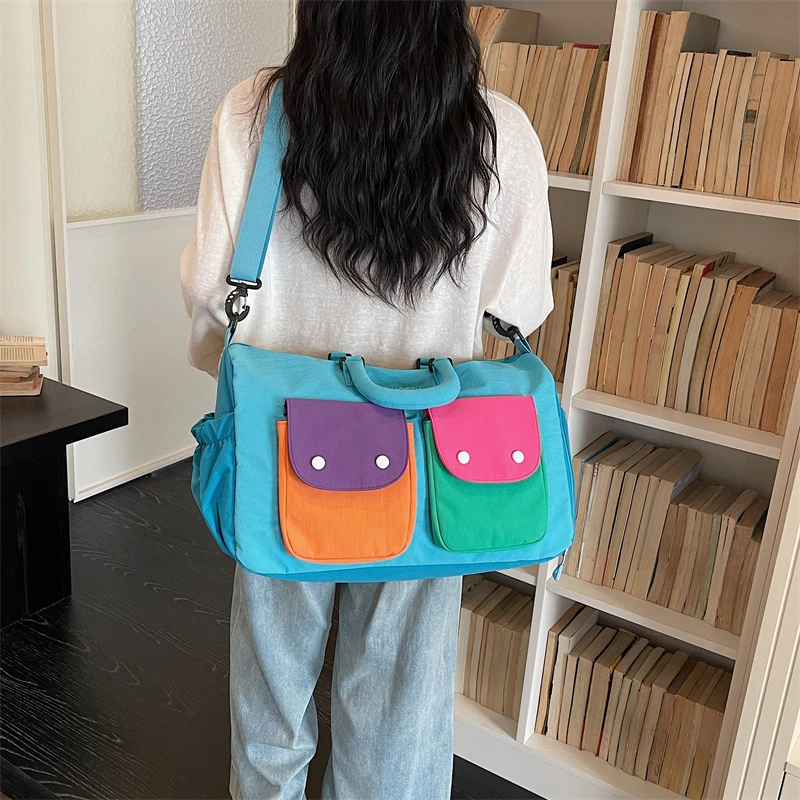 Rainbow Patchwork Color Block Duffle Bag Y2K Large Capacity Multi Pocket Portable Crossbody Bags Gym Weekend Women's Travel Bag