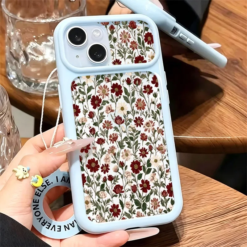 Vintage Burgundy Daisy Floral Print Phone Case For iPhone 11-17 Series, Large Clear Window Shockproof Soft TPU Cover