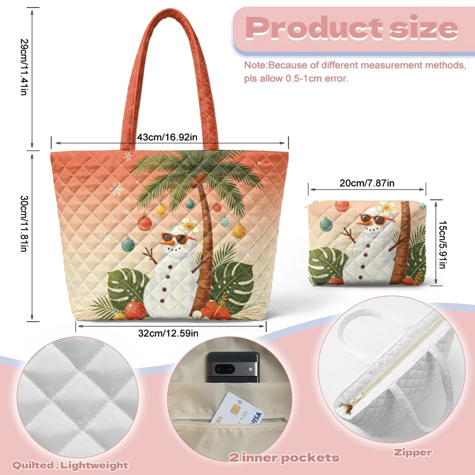 Coloranimal Tropical Christmas 2 Pieces Quilted Shopper Handbag, Lightweight 2 Pack Set for Daily Use and Party