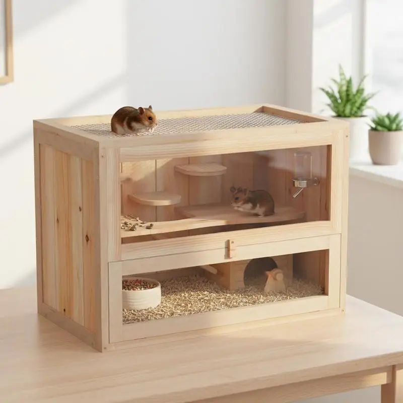 

Wooden Hamster Cage Mouse Mice Rodent Small Animals Hutch Exercise Play House 60 x 35 x 42cm, Natural Wood Finish