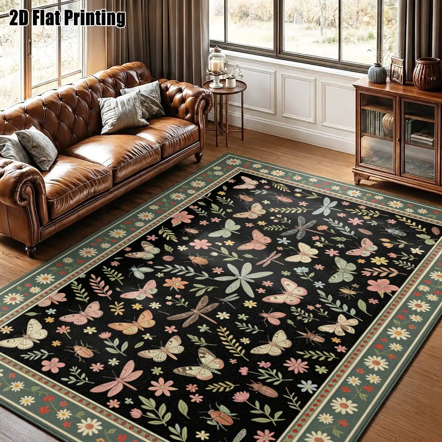 1Pc 2D Printed Retro Black Floral Carpet, Instagram/European Style, Home Decor, Multi-Size, Machine Washable, for Entrance, Dining, Foyer, Study, Living Room, Bedroom